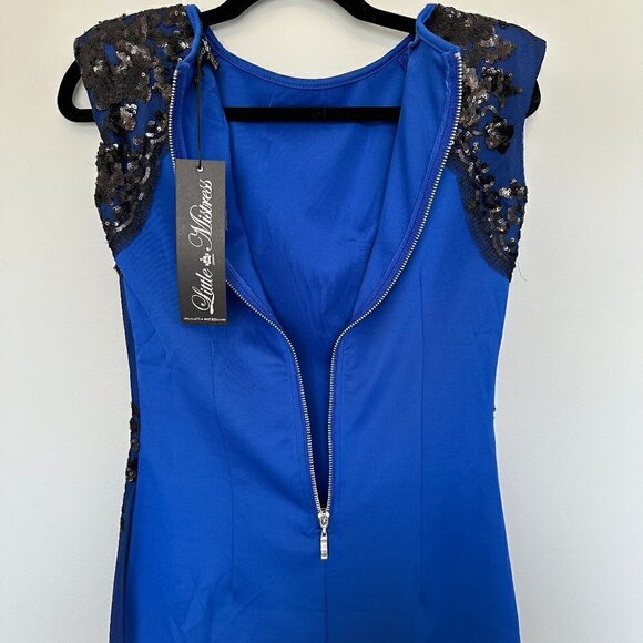 NWT Blue Cocktail Dress Little Mistress London w/Black Lace & Sequins Sz 10 - Picture 2 of 13